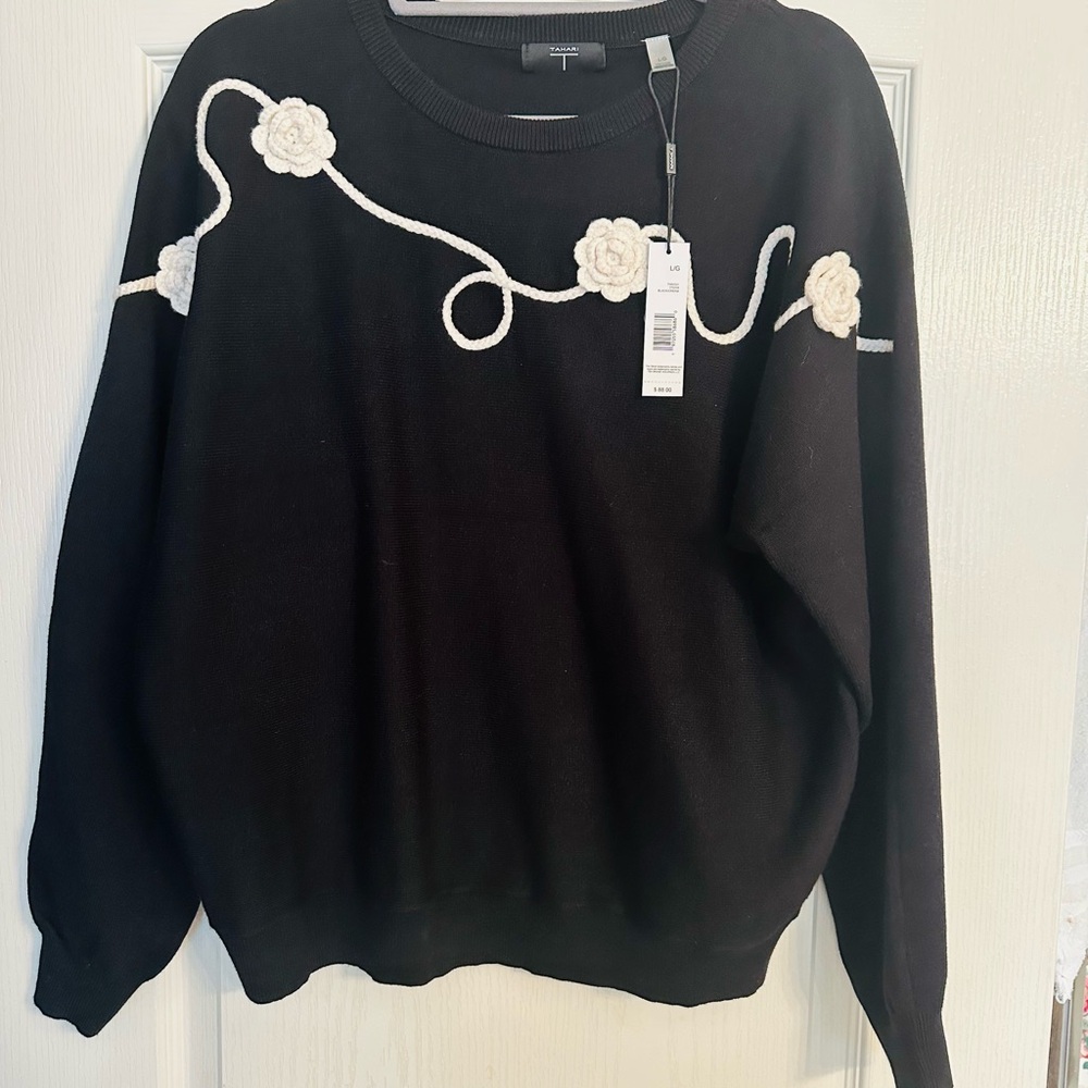Tahari Black Sweater with Cream Floral Design